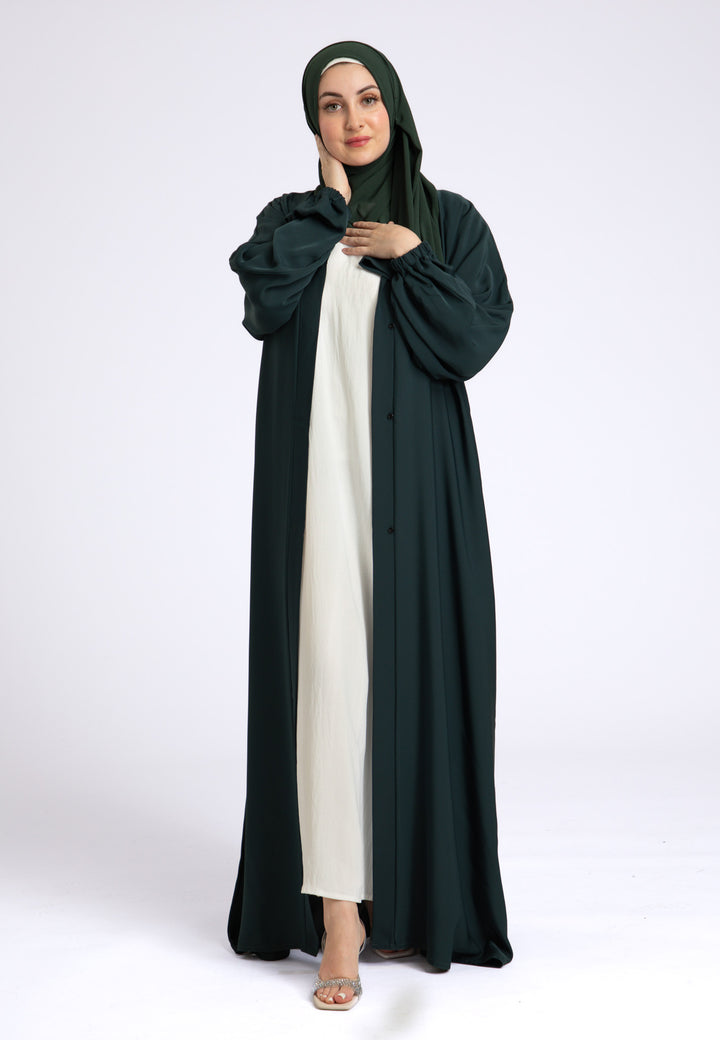 Petrol Green Plain Open Abaya With Elasticated Cuff Sleeves (Premium)