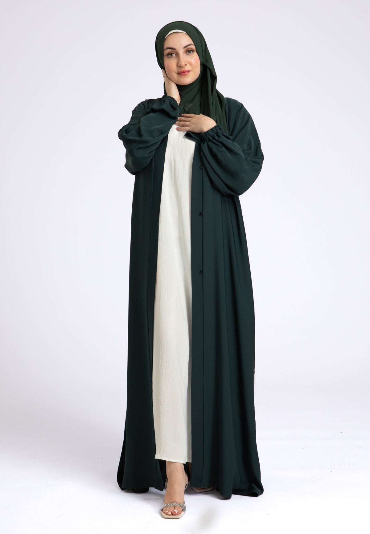 Petrol Green Plain Open Abaya With Elasticated Cuff Sleeves (Premium) Hayah Al-Muslimah