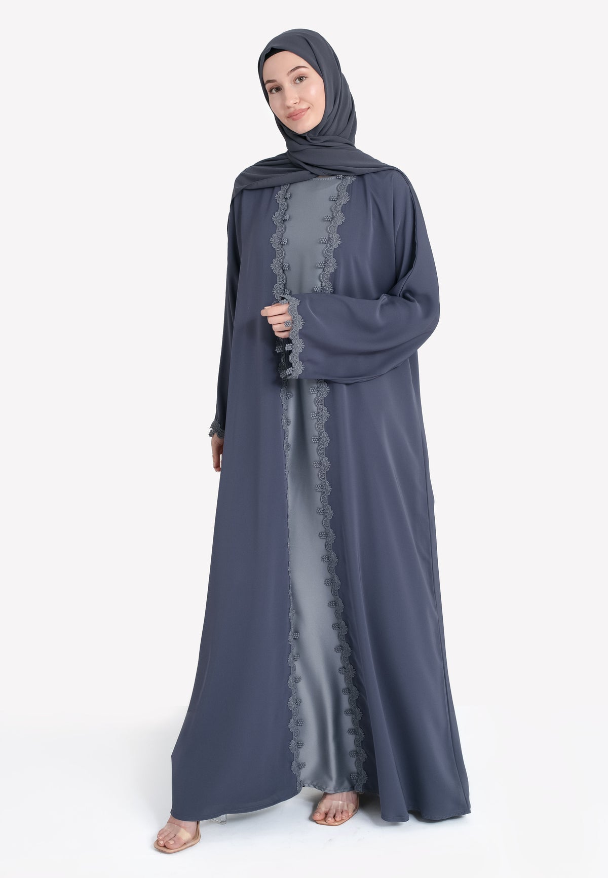 Grey Floral Lace Abaya - Front