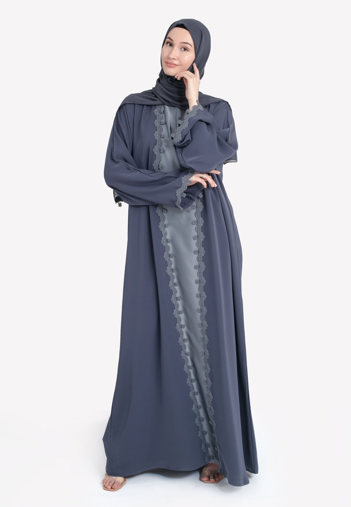 Grey Floral Lace Abaya - Front
