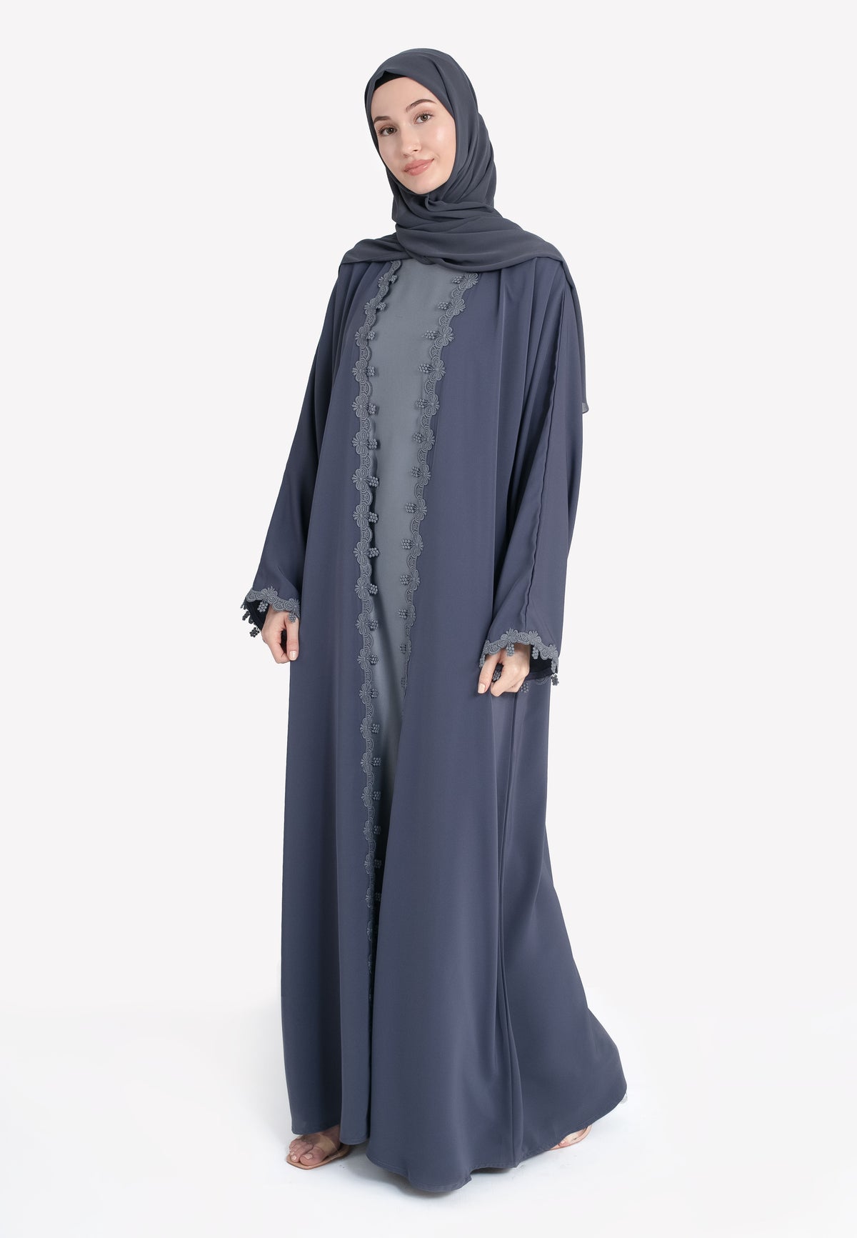 Grey Floral Lace Abaya - Front