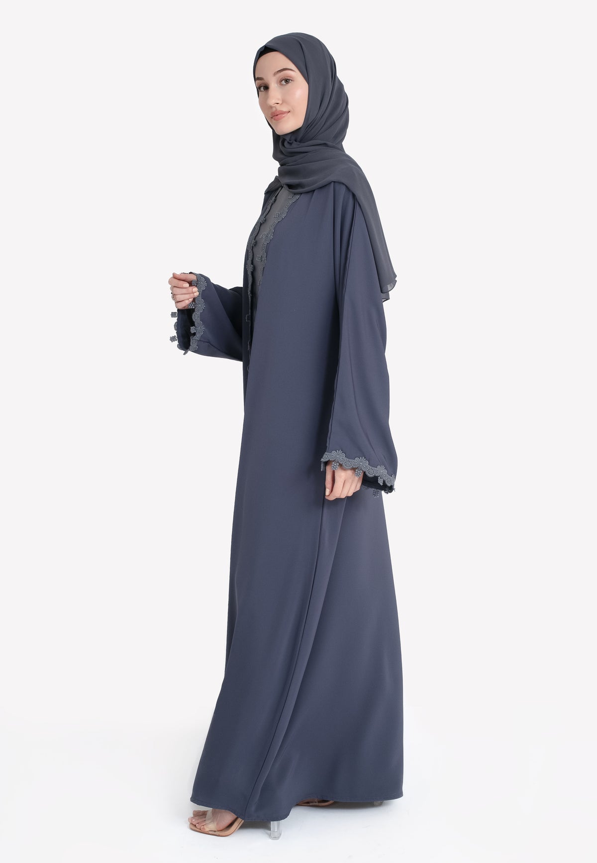 Grey Floral Lace Abaya - Side