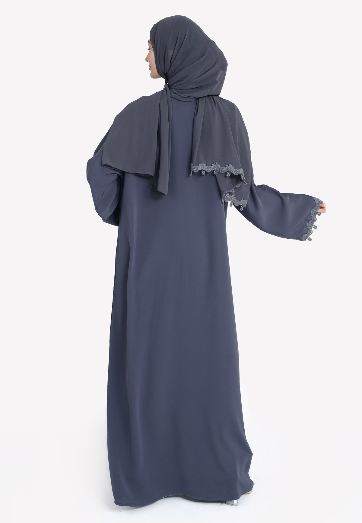 Grey Floral Lace Abaya - Back