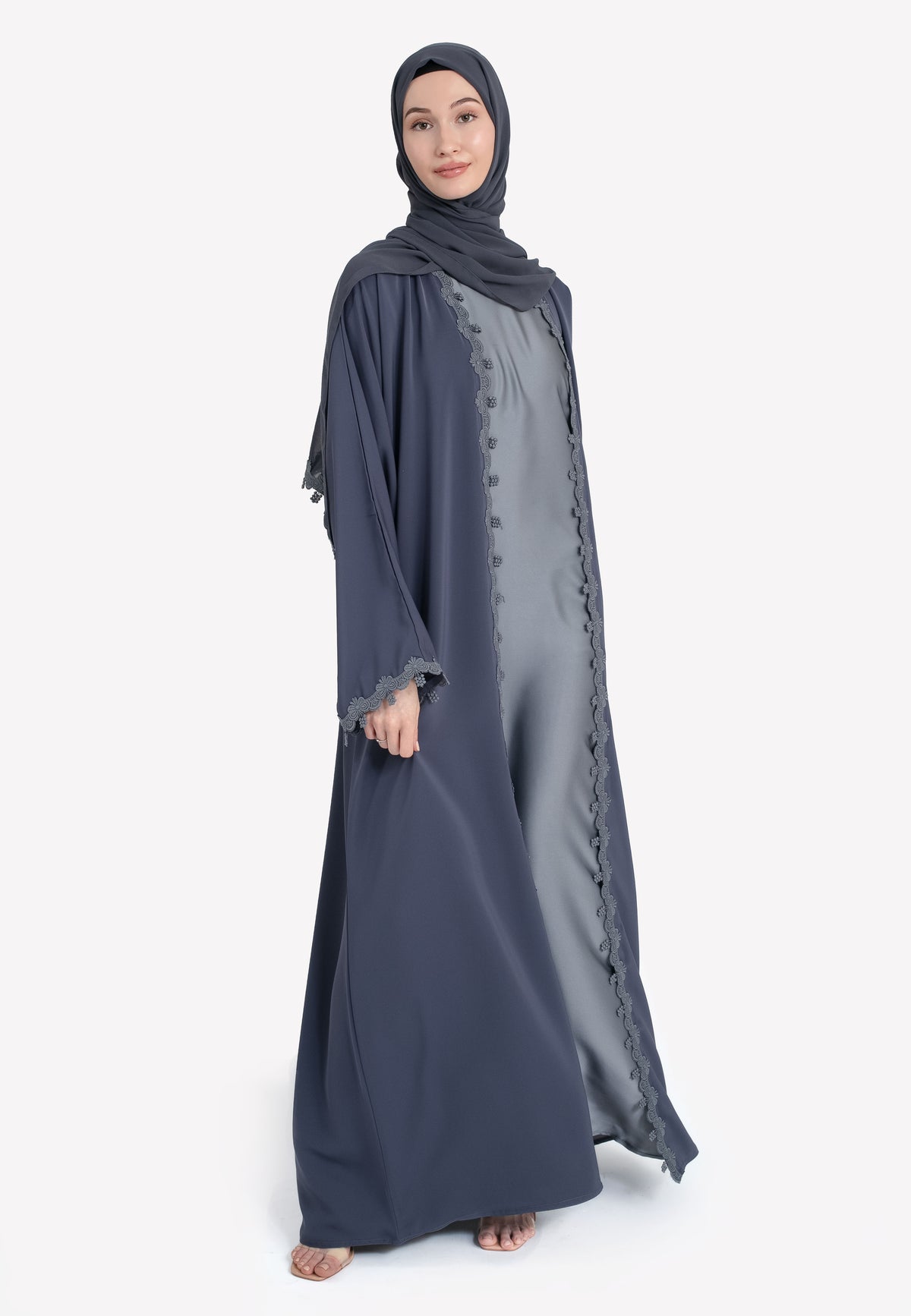 Grey Floral Lace Abaya - Front