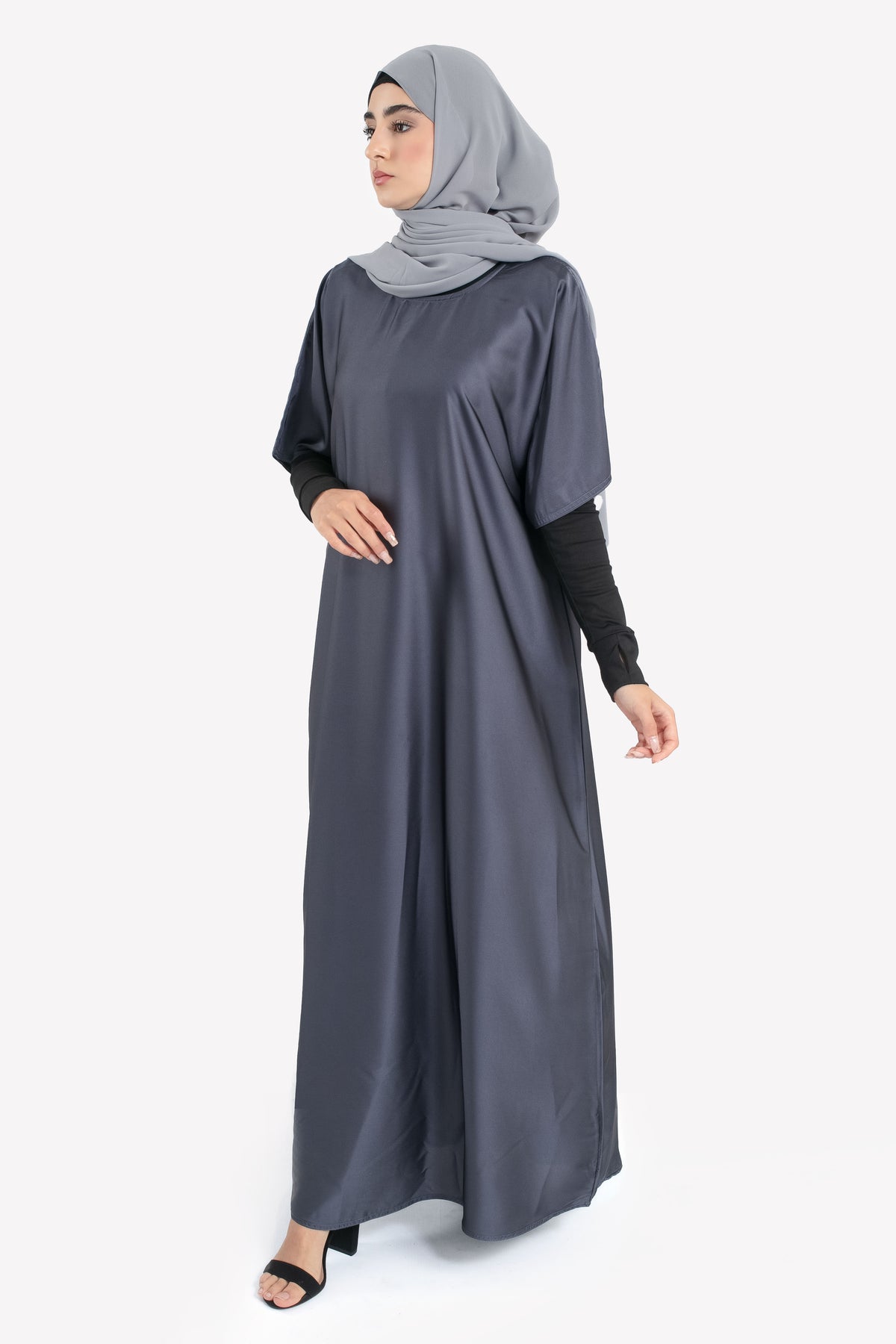 Grey Satin Slip Dress - Front