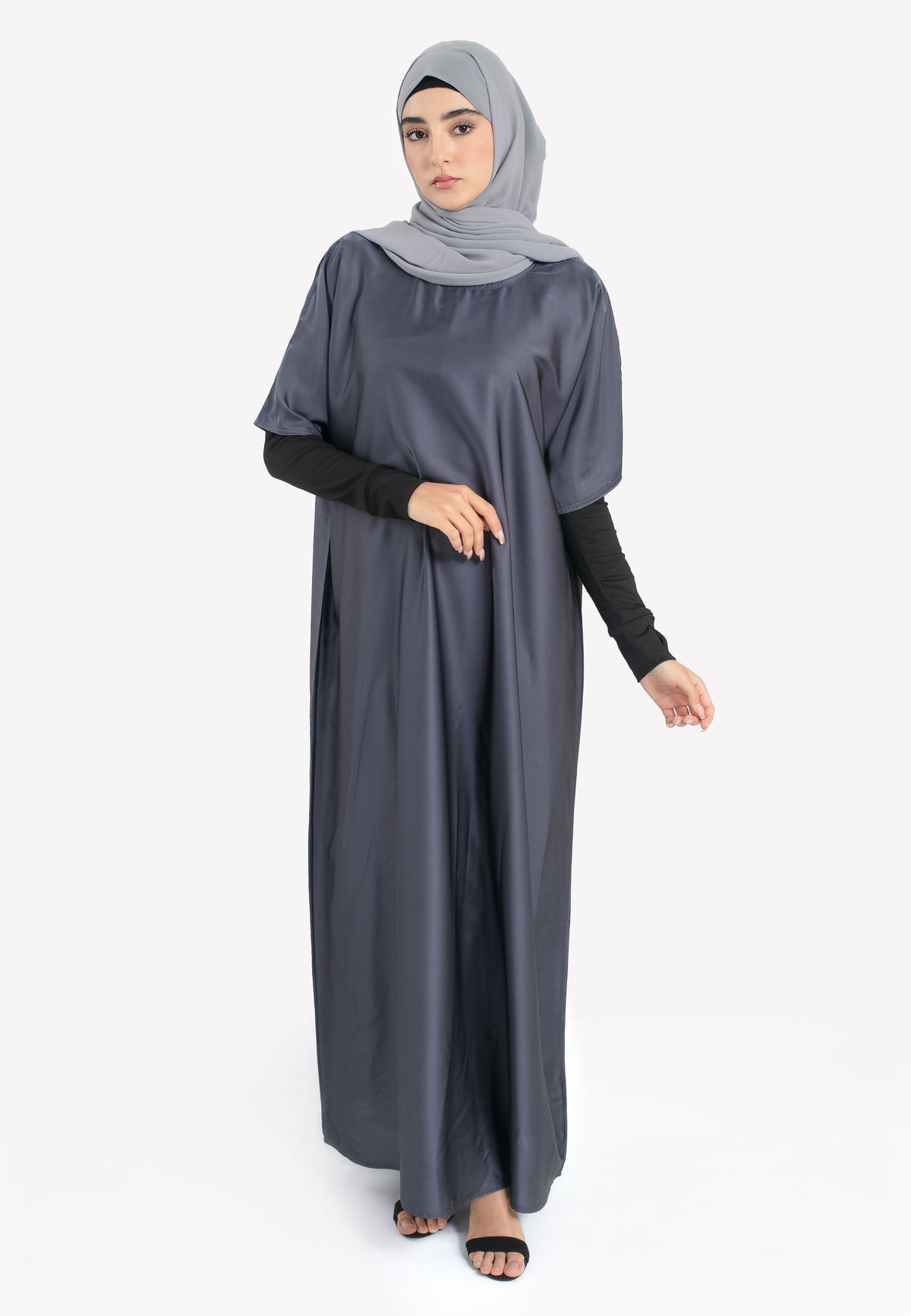 Grey Satin Slip Dress - Front
