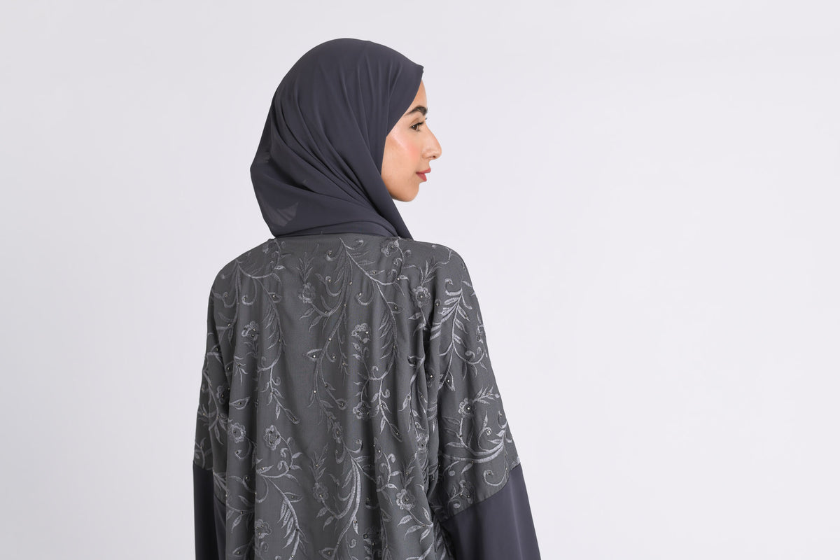 Grey Floral Bloom Kimono Abaya