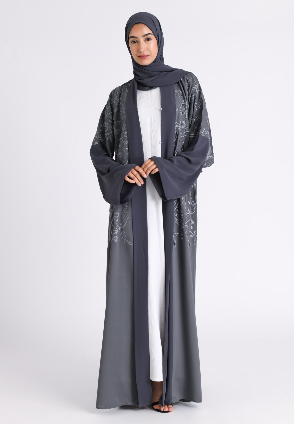 Grey Floral Bloom Kimono Abaya