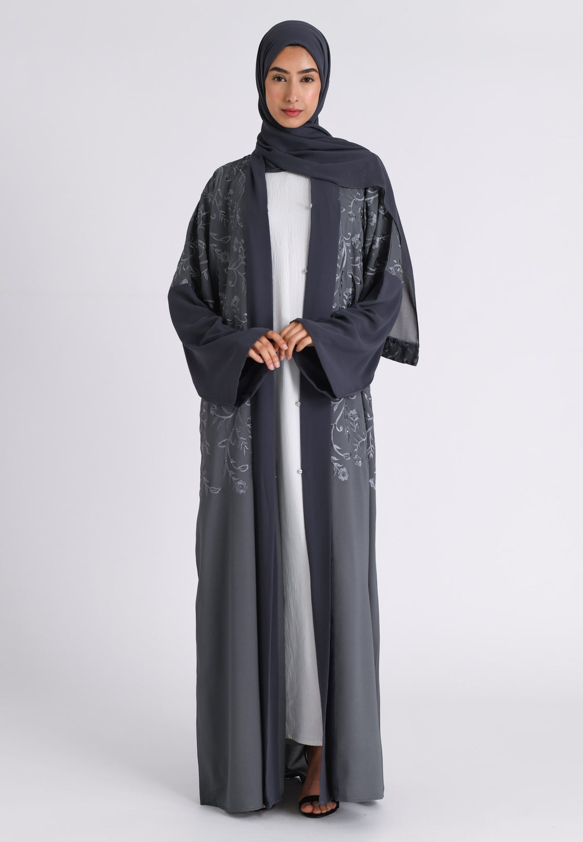Grey Floral Bloom Kimono Abaya