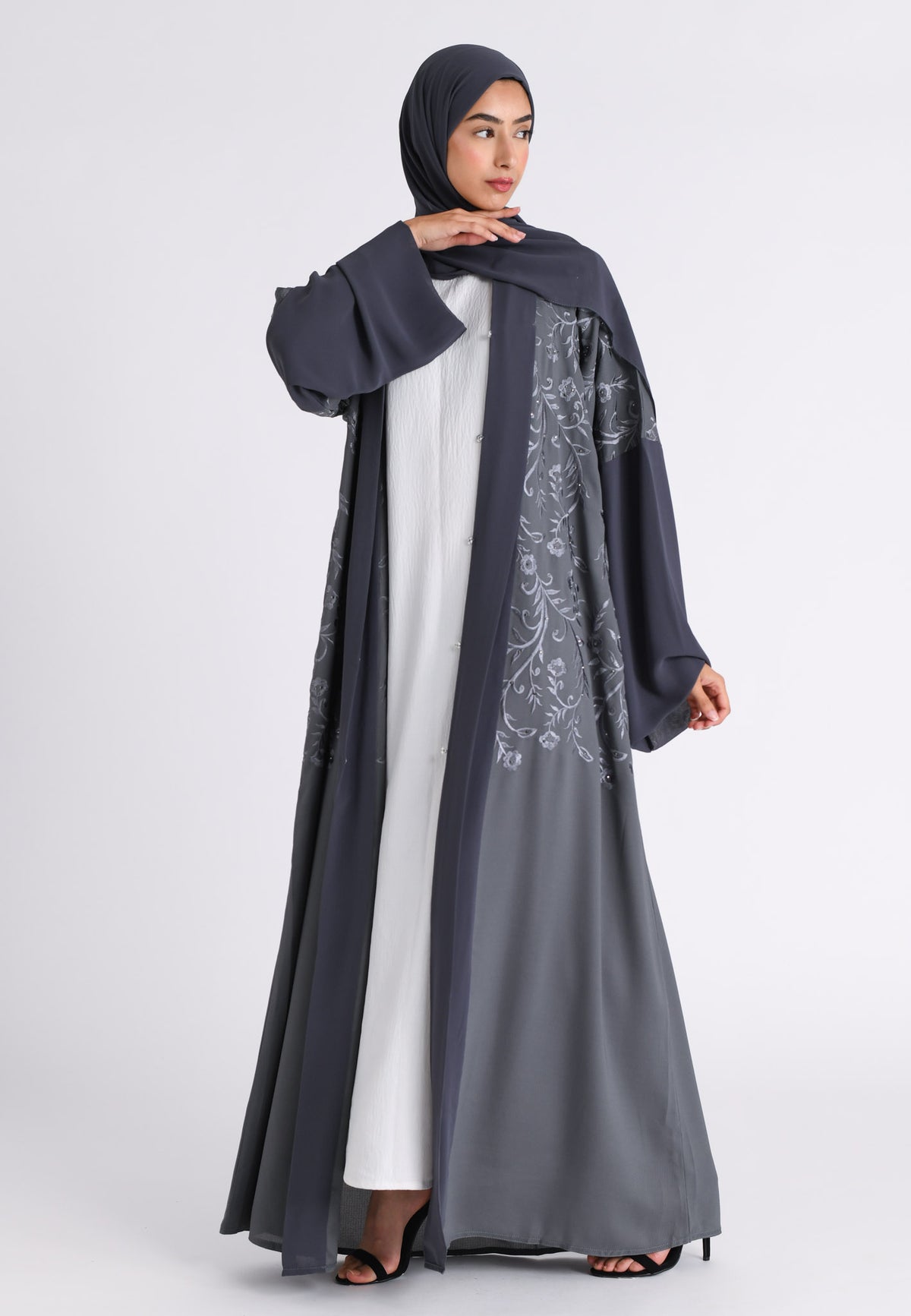 Grey Floral Bloom Kimono Abaya