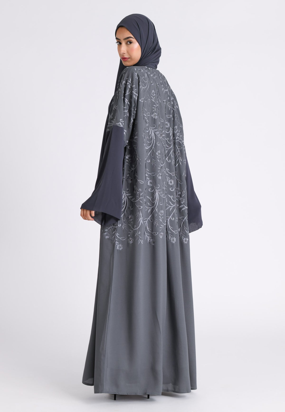 Grey Floral Bloom Kimono Abaya