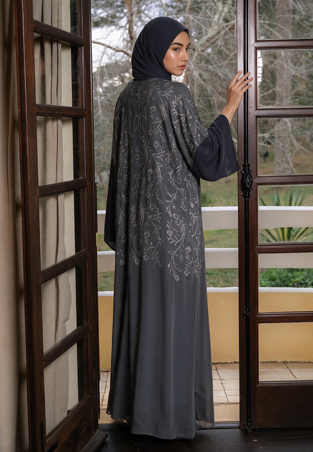 Grey Floral Bloom Kimono Abaya (Premium)
