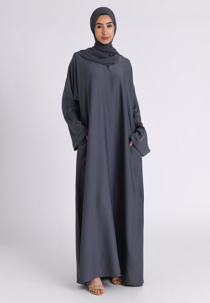 Grey Textured Abaya With Zip Pockets