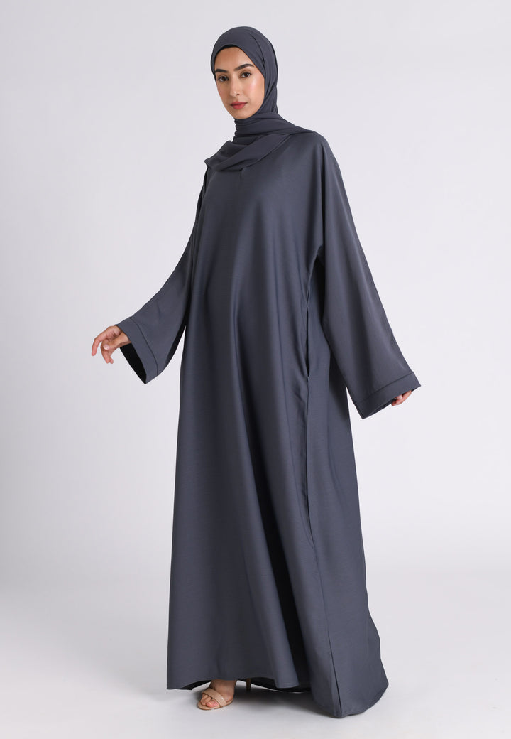 Grey Textured Abaya With Zip Pockets