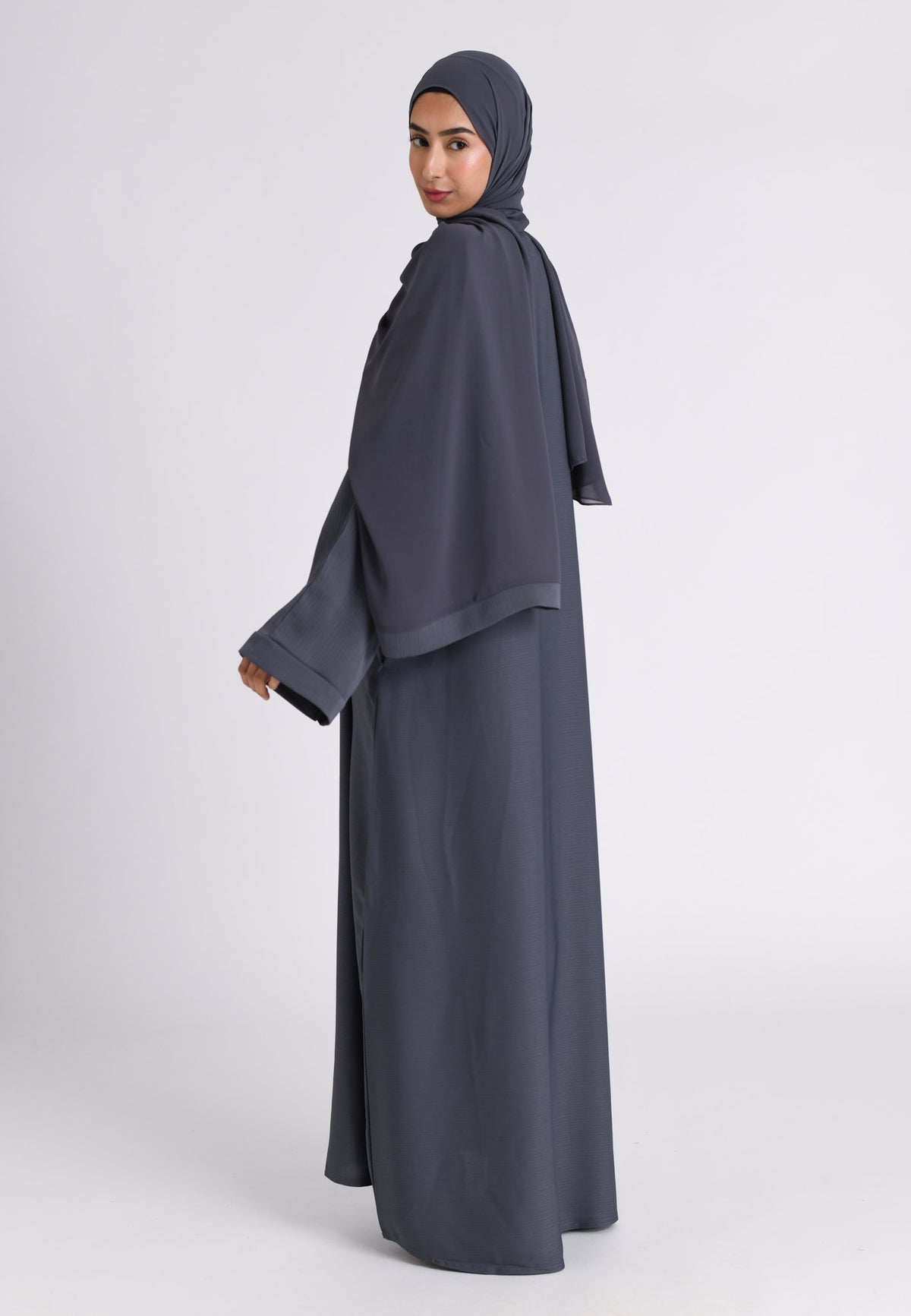 Grey Textured Abaya With Zip Pockets