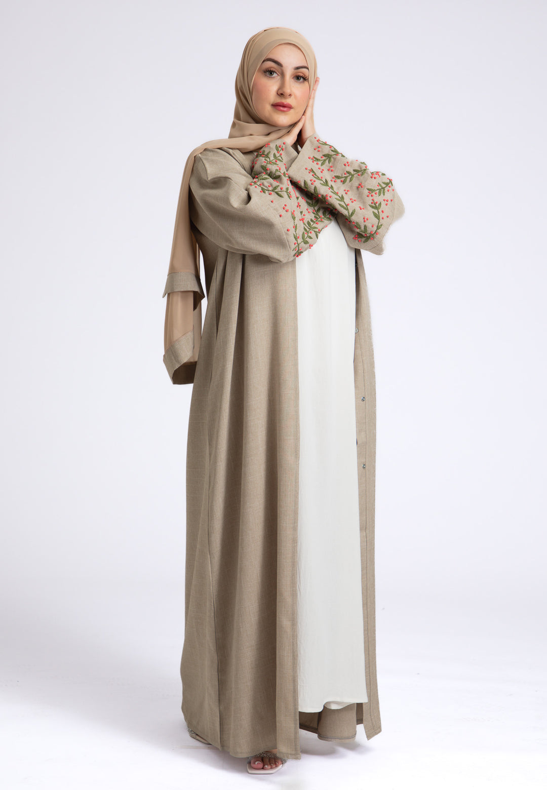 Hand Embroidered Linen Open Abaya