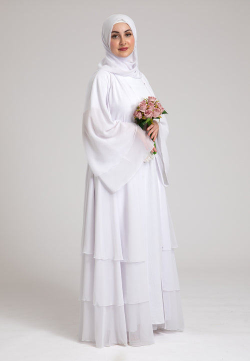 Ivory White 3 Layered Open Abaya With Inner Dress
