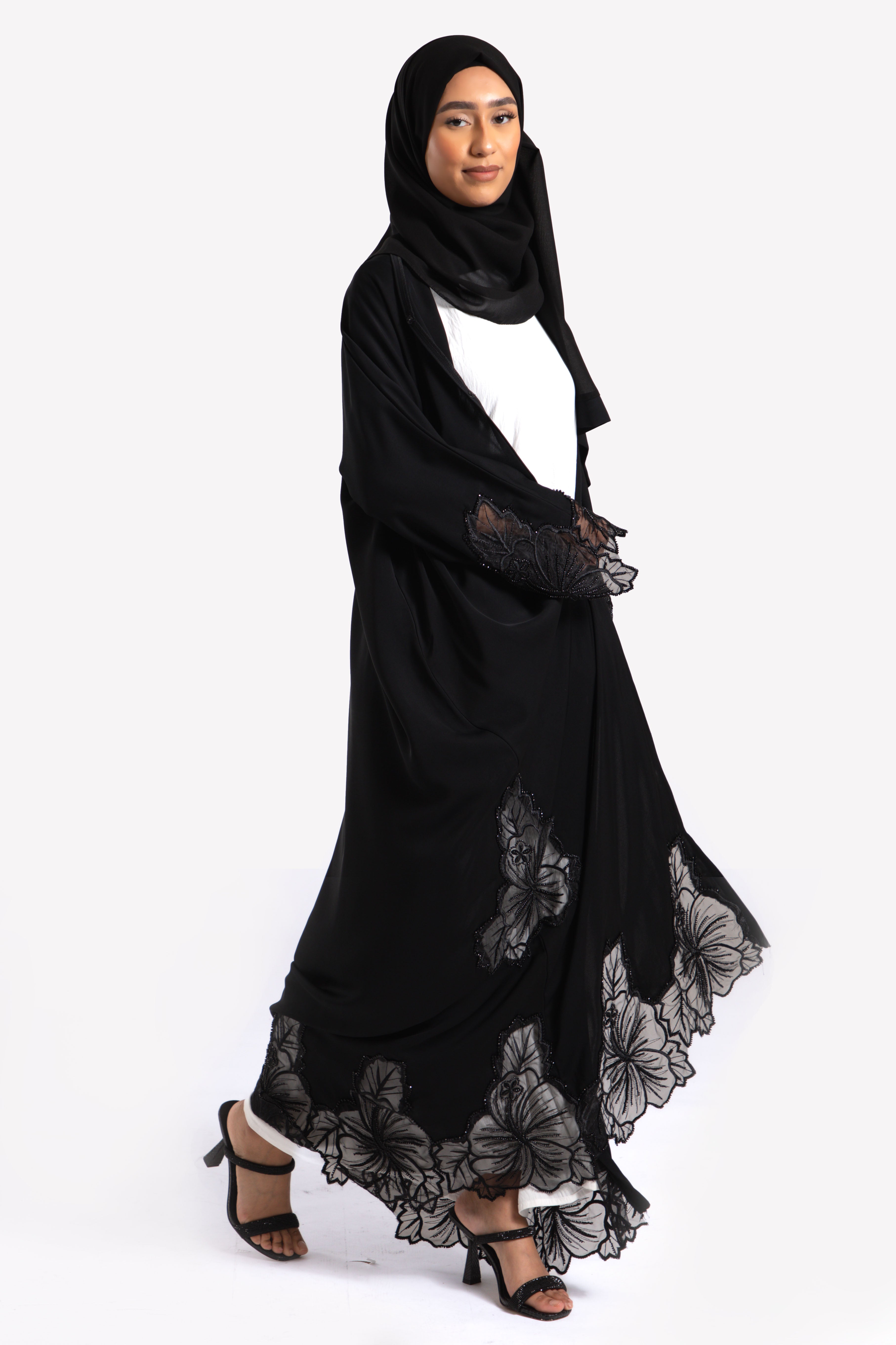 Luxury Black Hibiscus Khaleeji Lace Open Abaya For Ramadan & Eid