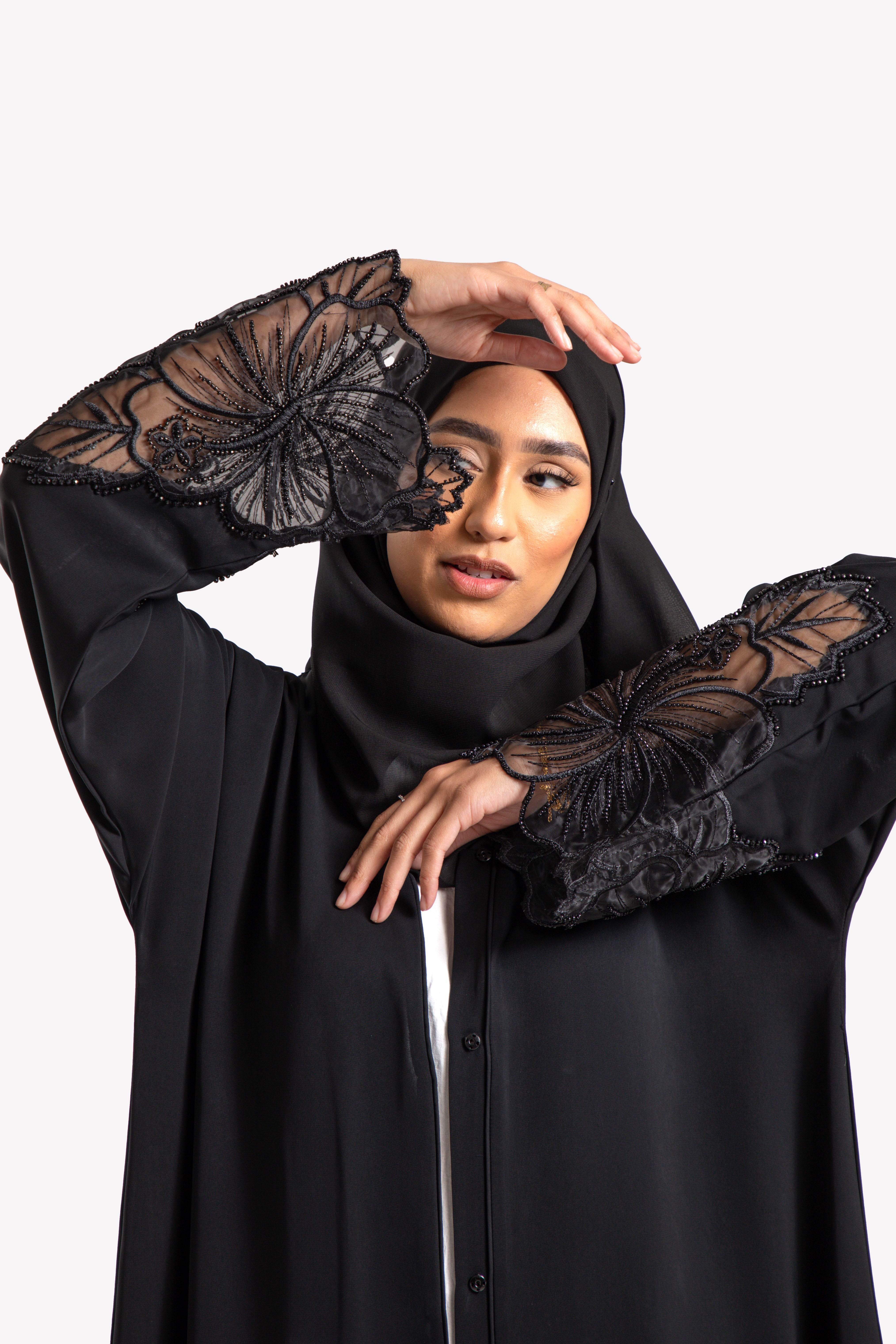 Luxury Black Hibiscus Khaleeji Lace Open Abaya For Ramadan & Eid