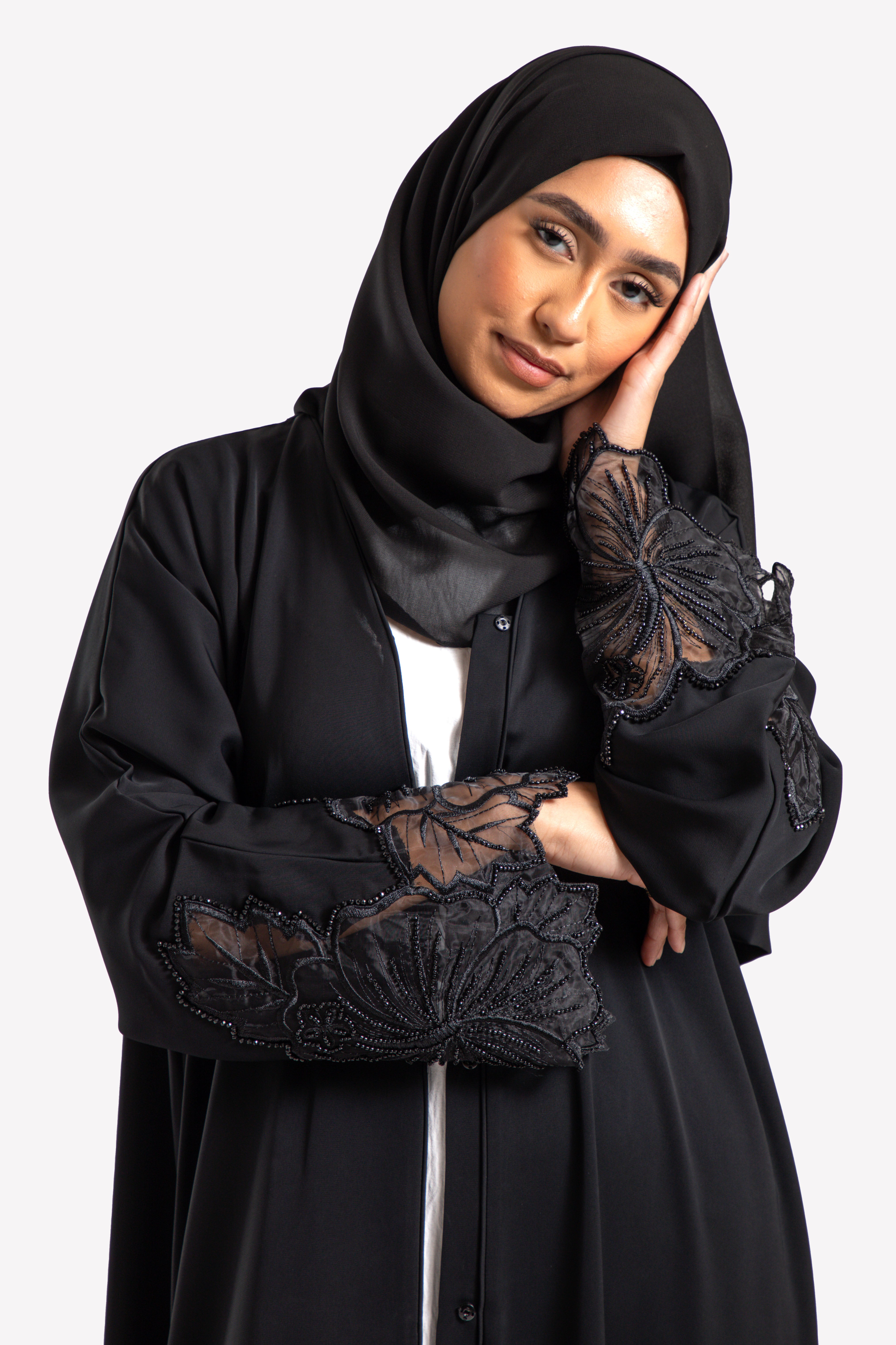 Luxury Black Hibiscus Khaleeji Lace Open Abaya For Ramadan & Eid