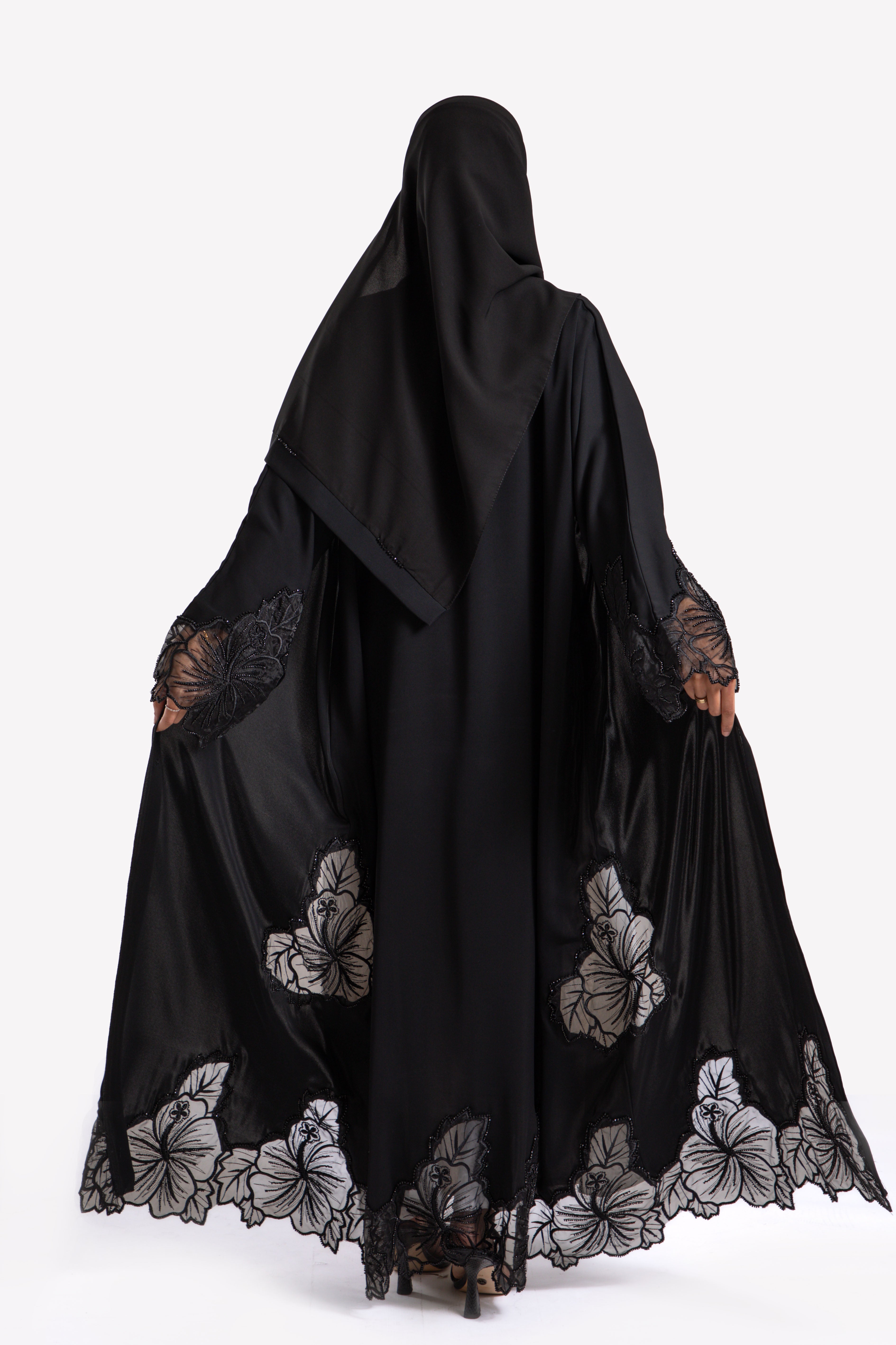 Luxury Black Hibiscus Khaleeji Lace Open Abaya For Ramadan & Eid
