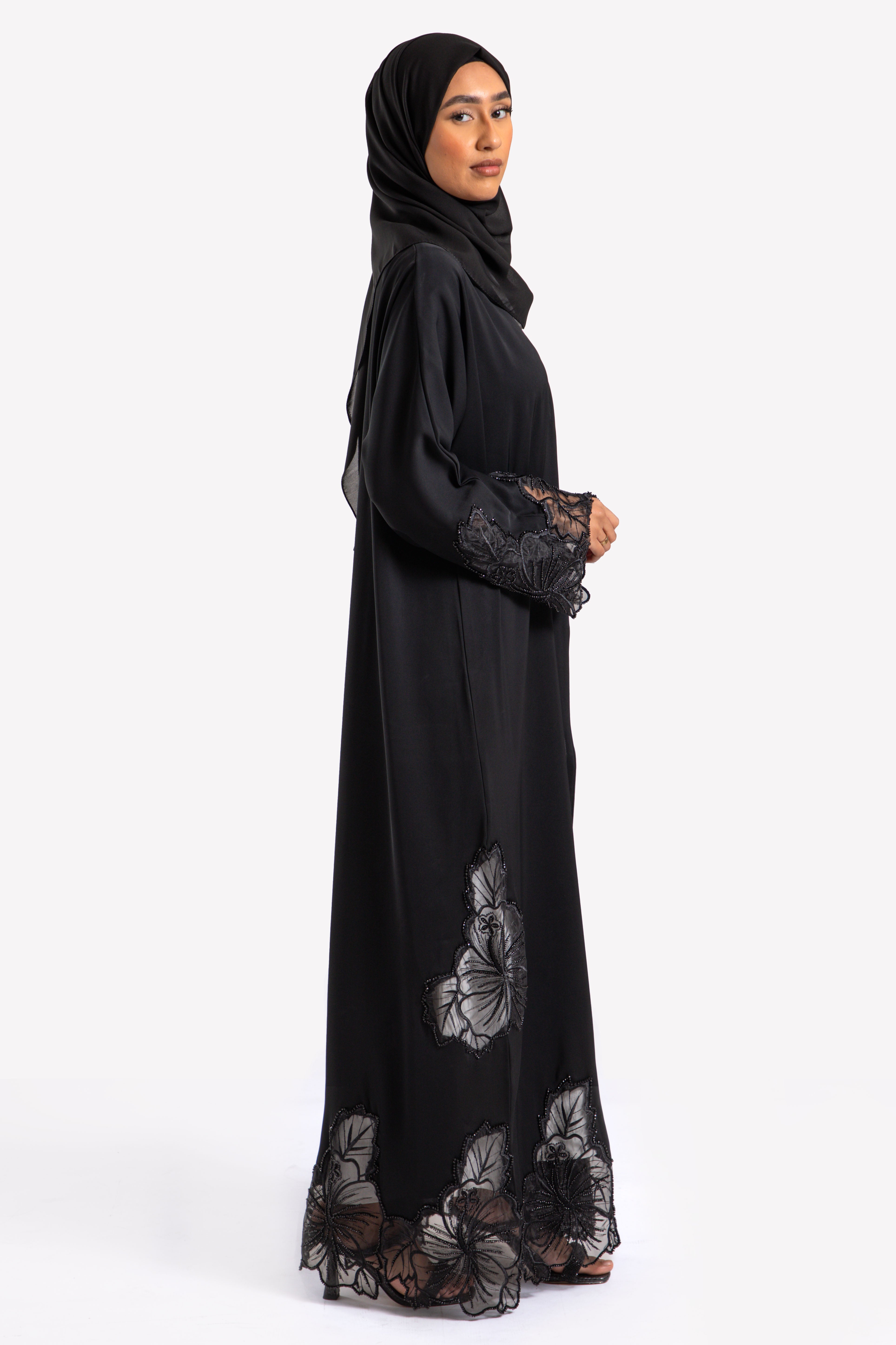 Luxury Black Hibiscus Khaleeji Lace Open Abaya For Ramadan & Eid