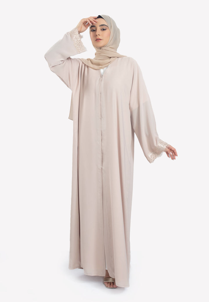 Front Closed - Imperial Cream Lace Open Abaya