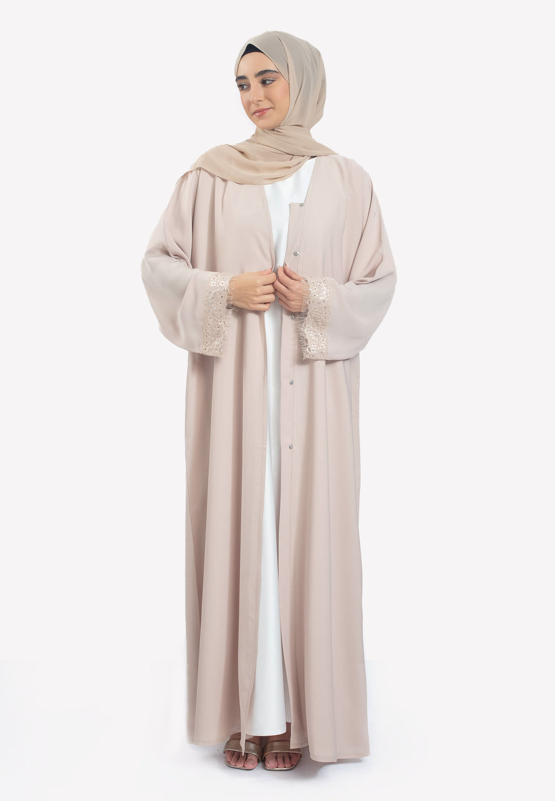 Front Open - Imperial Cream Lace Open Abaya