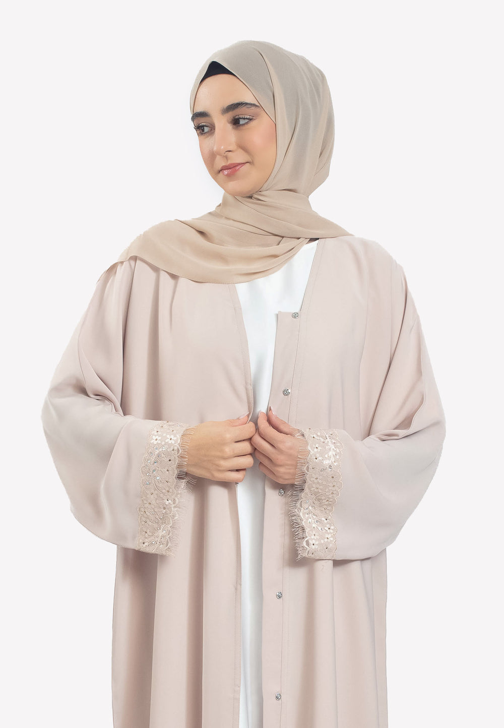 Sleeves Details - Imperial Cream Lace Open Abaya