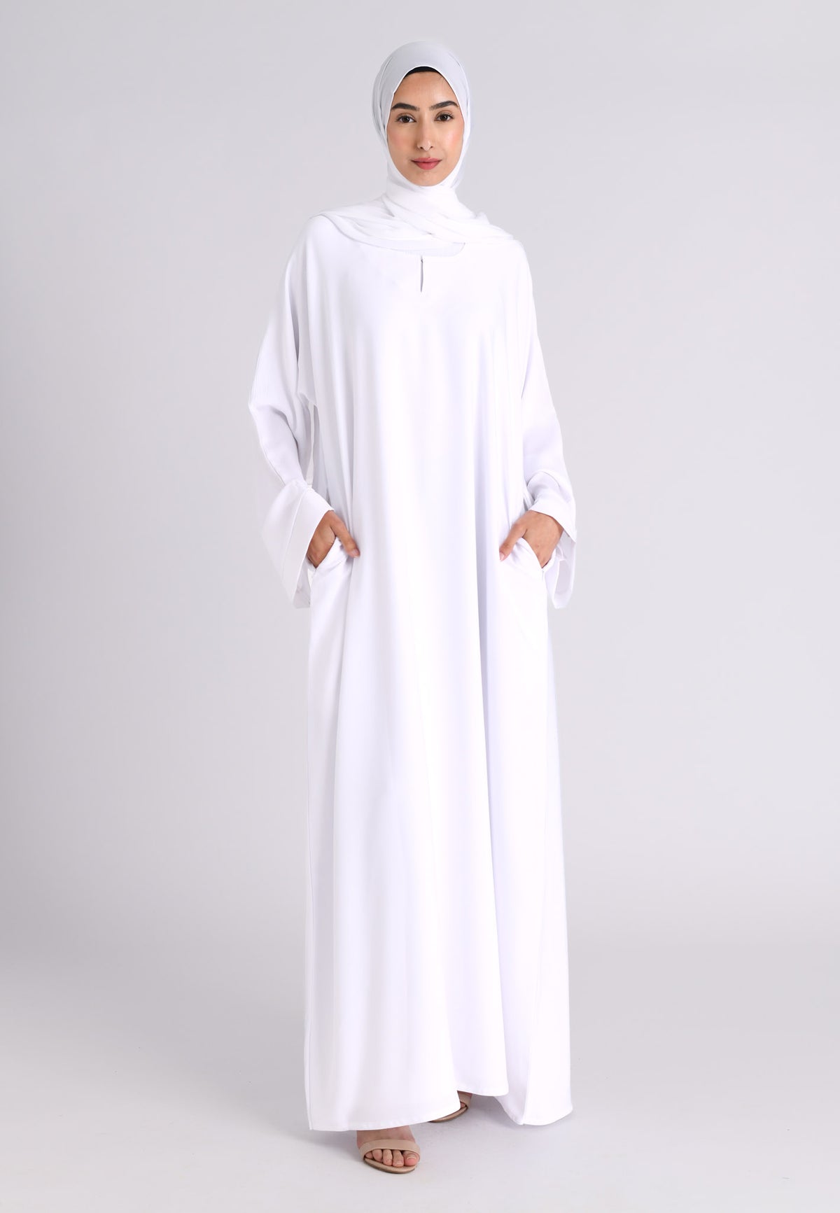 Ivory White Textured Abaya With Pockets