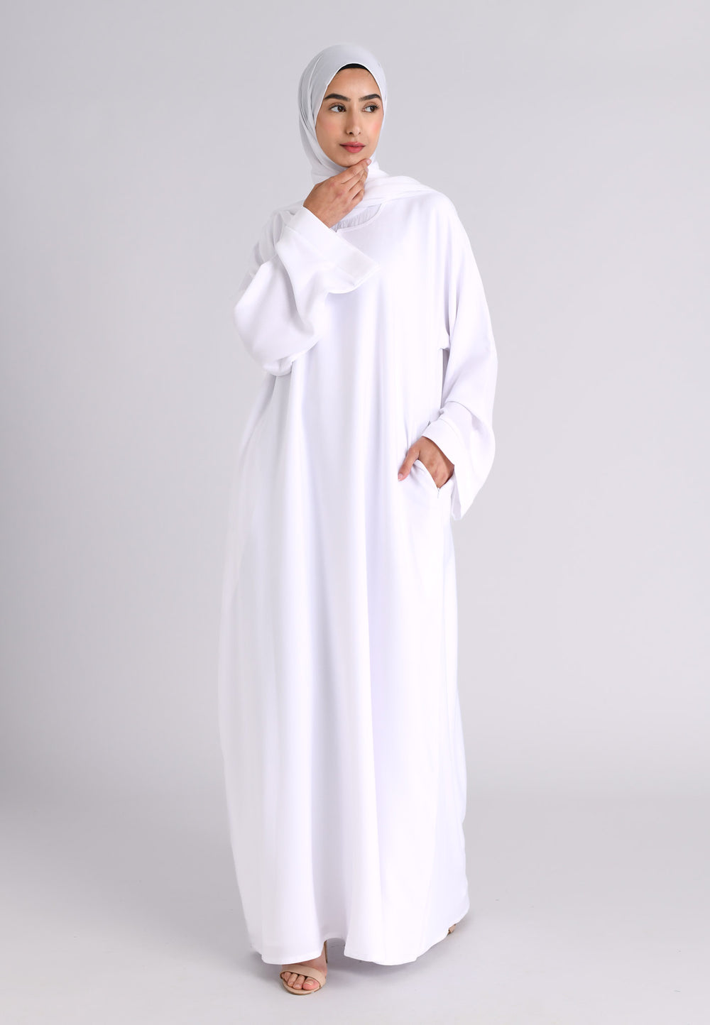 Ivory White Textured Abaya With Pockets