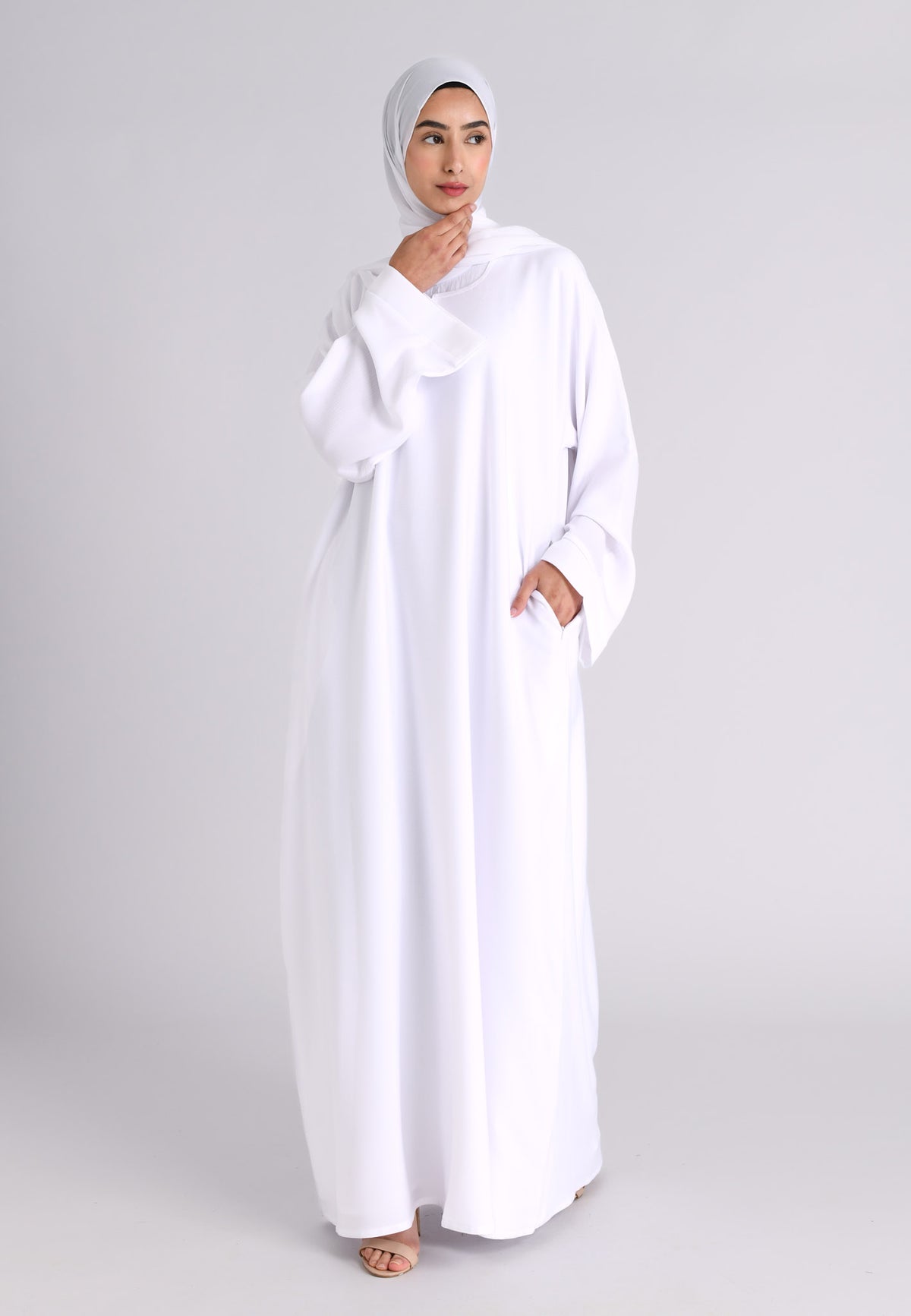 Ivory White Textured Abaya With Pockets