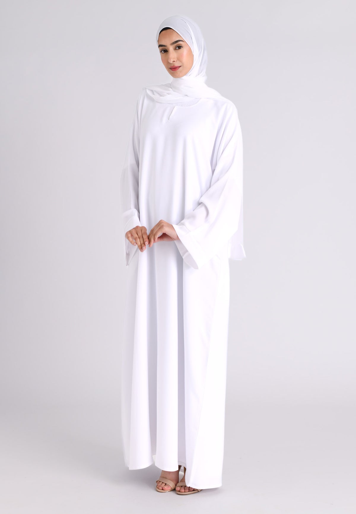 Ivory White Textured Abaya With Pockets