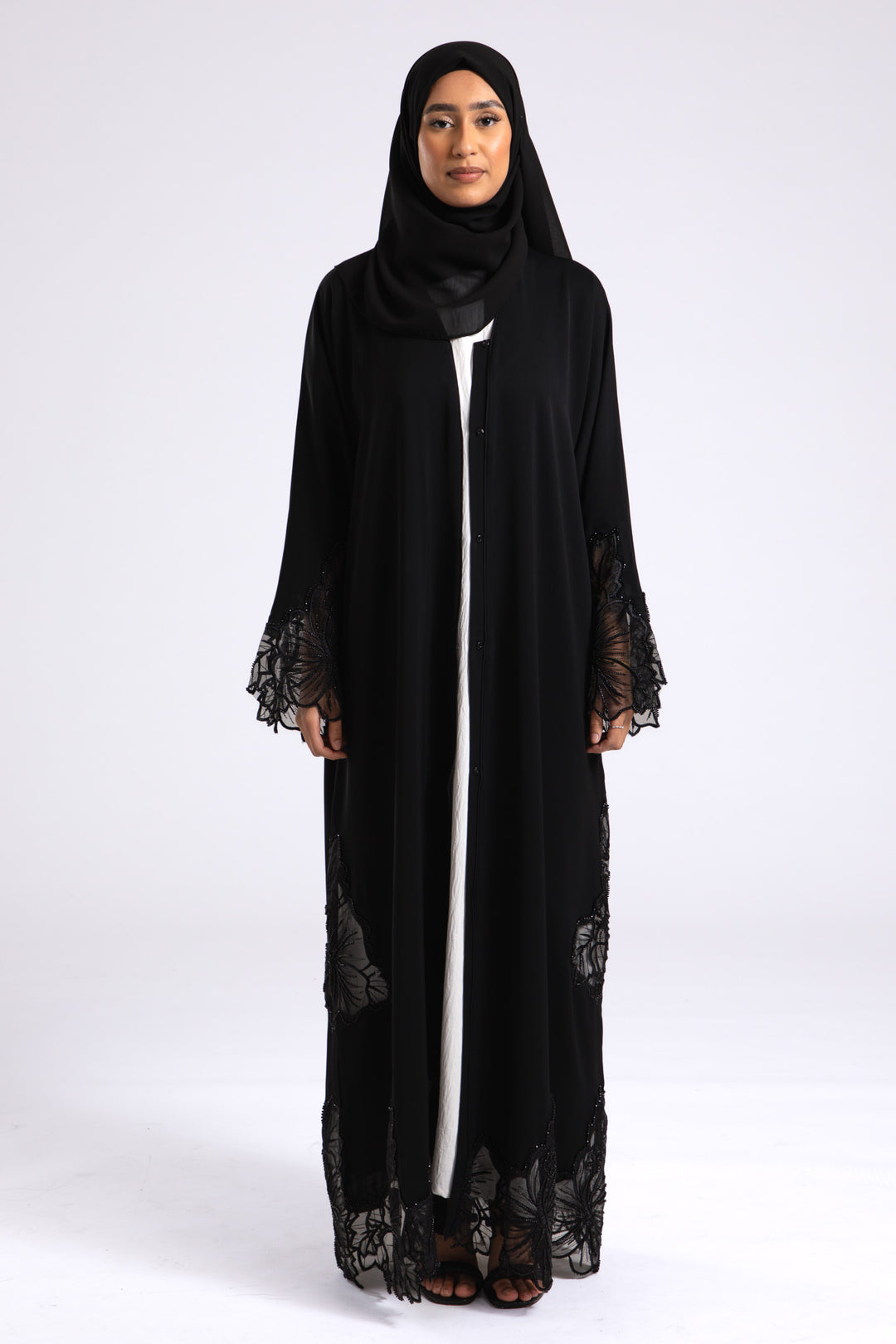 Luxury Black Hibiscus Khaleeji Lace Open Abaya (Premium)