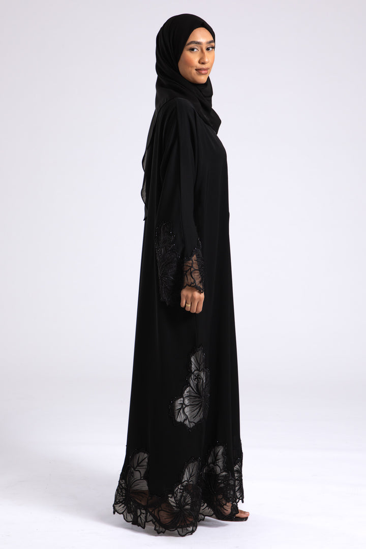 Luxury Black Hibiscus Khaleeji Lace Open Abaya (Premium)