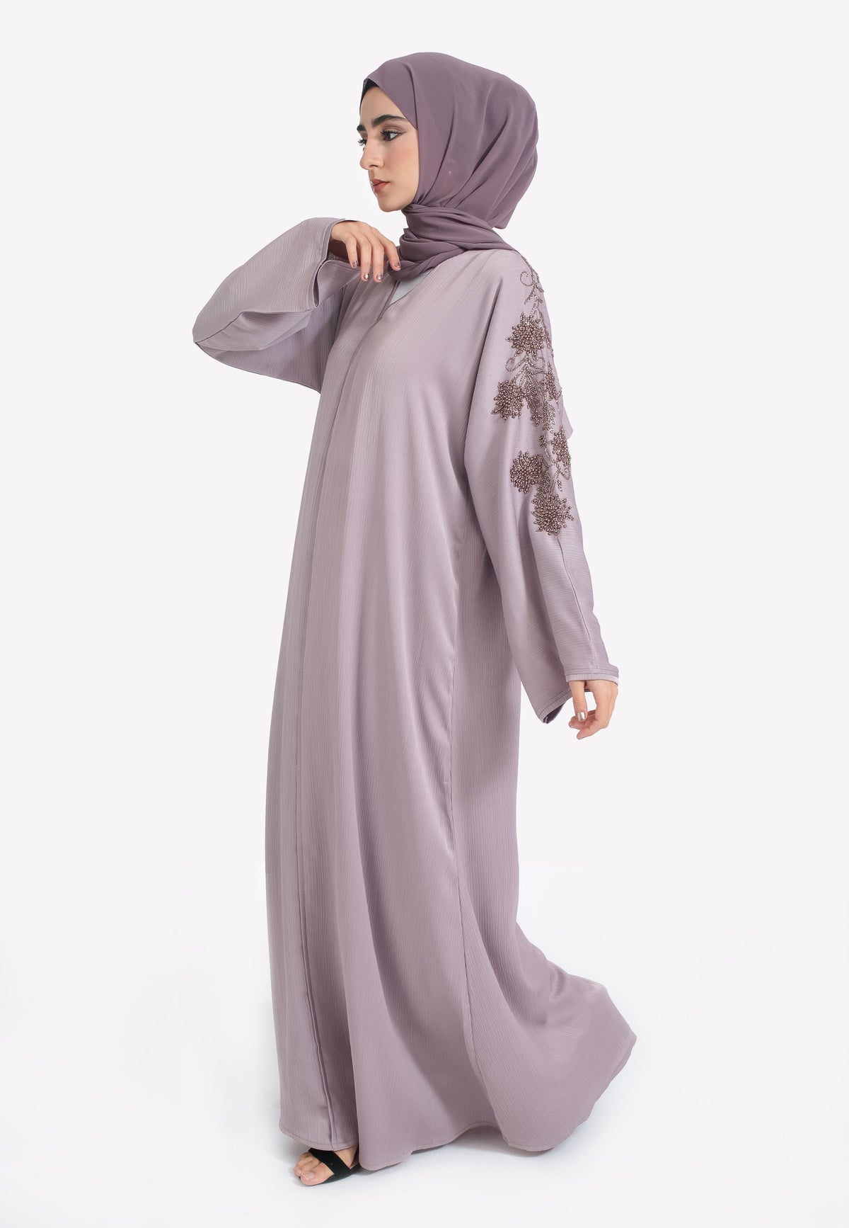 Lilac Textured Closed Abaya With Copper Embellishments Hayah Al-Muslimah