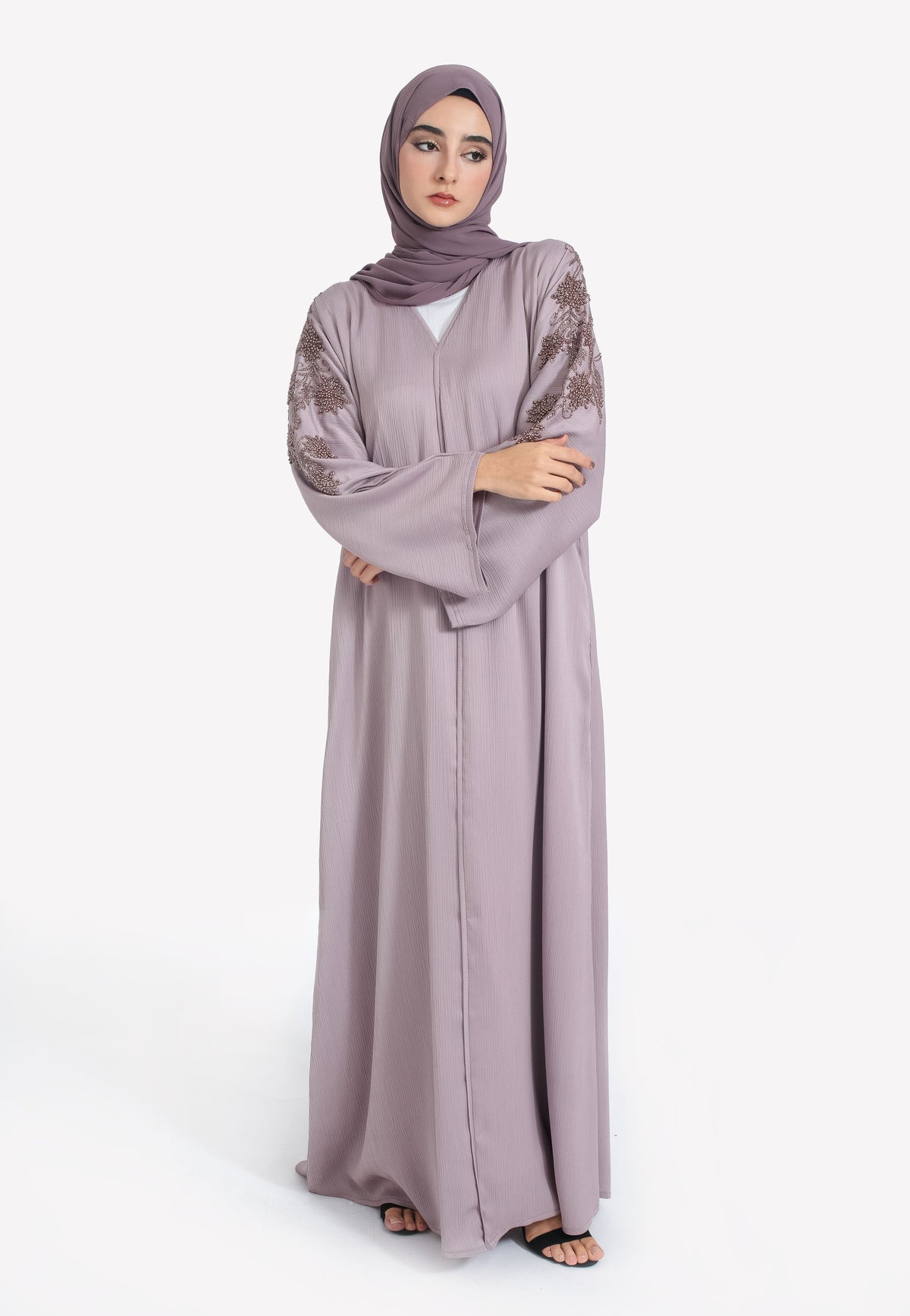 Lilac Textured Closed Abaya With Copper Embellishments Hayah Al-Muslimah