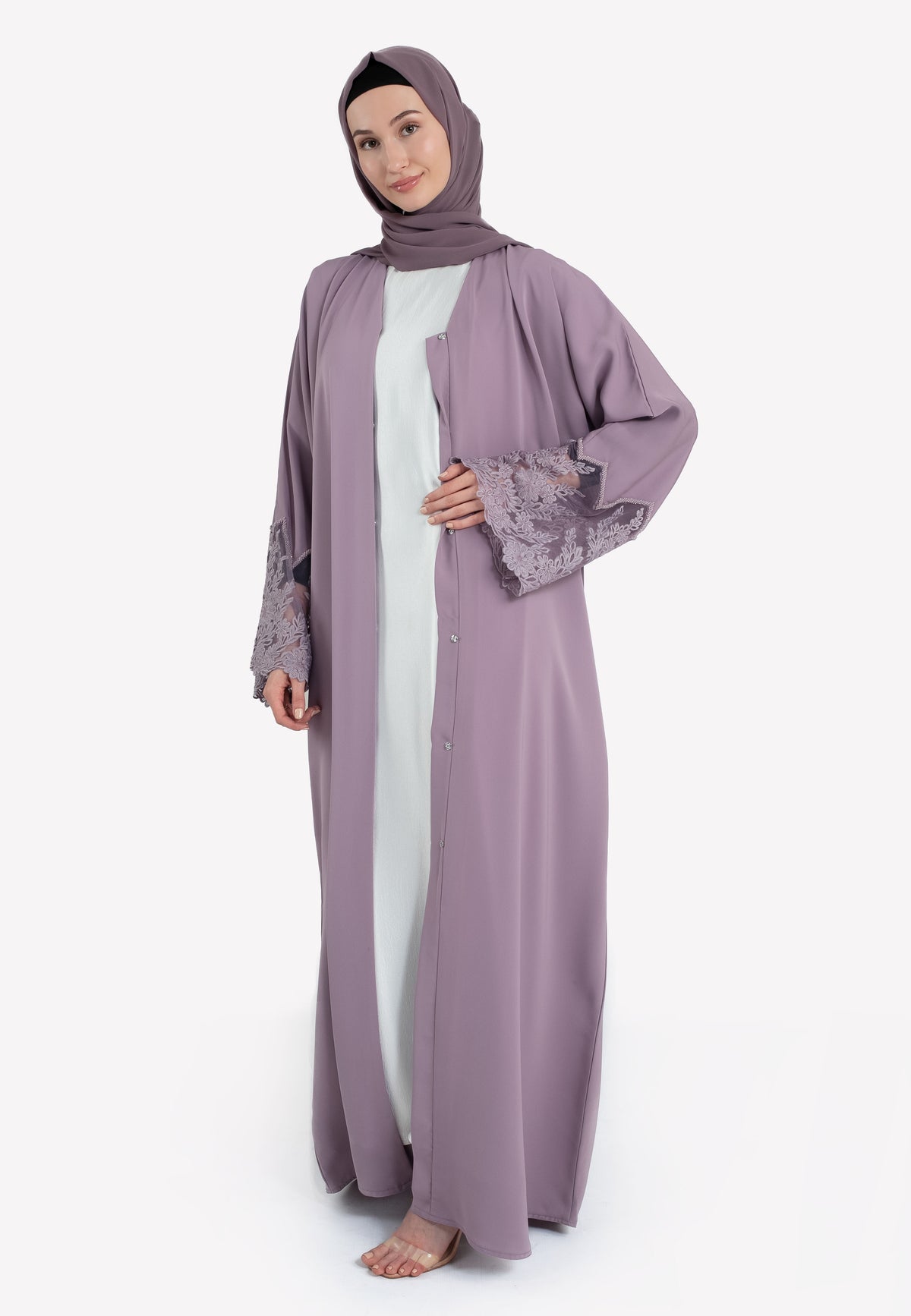 Lilac Floral Lace Open Abaya