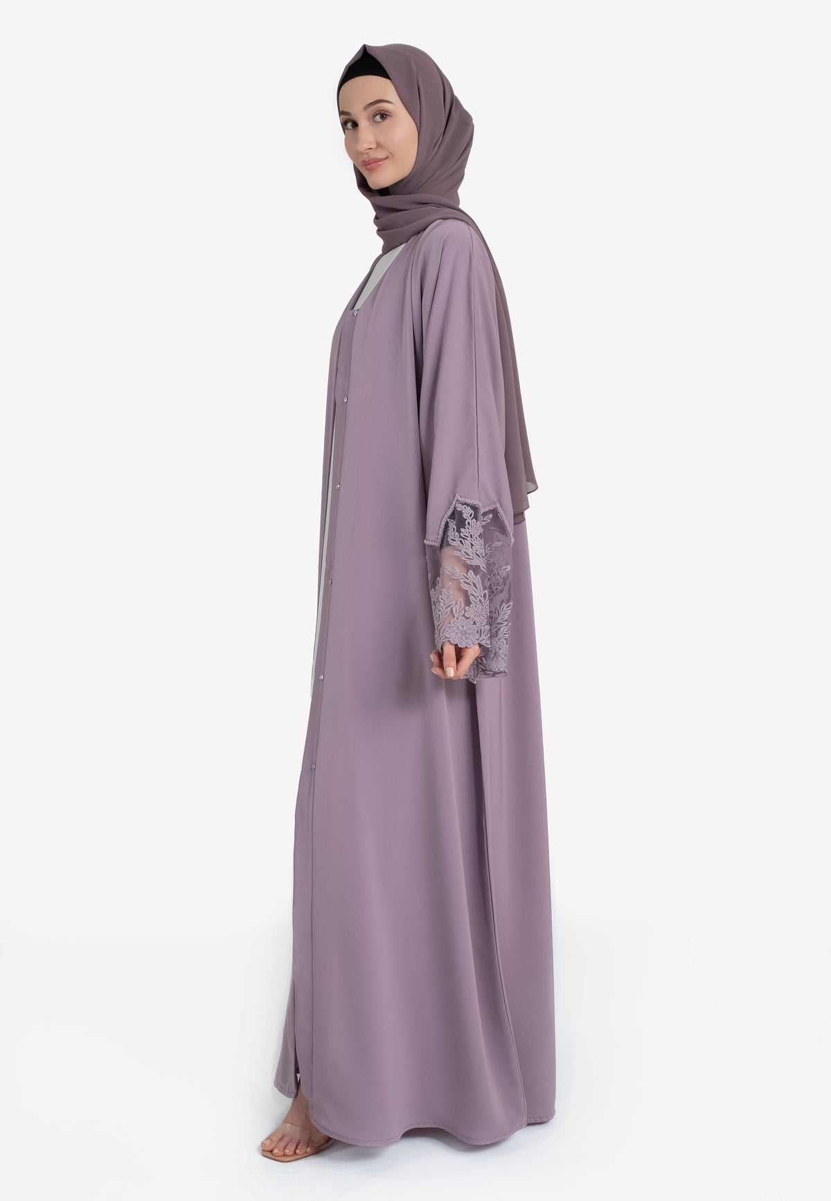 Lilac Floral Lace Open Abaya - Side