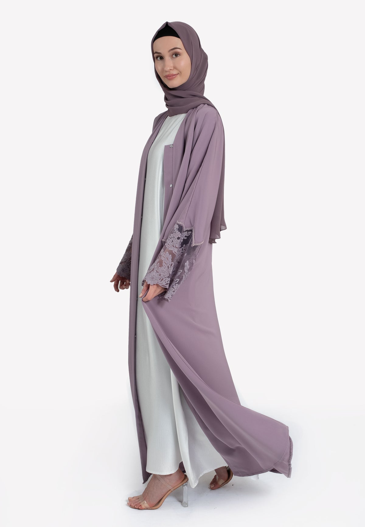 Lilac Floral Lace Open Abaya