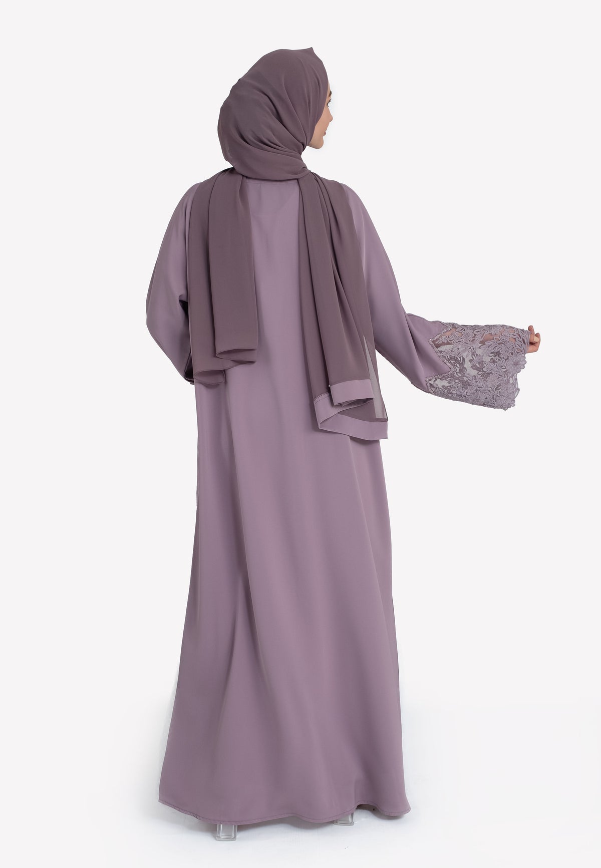 Lilac Floral Lace Open Abaya - Back