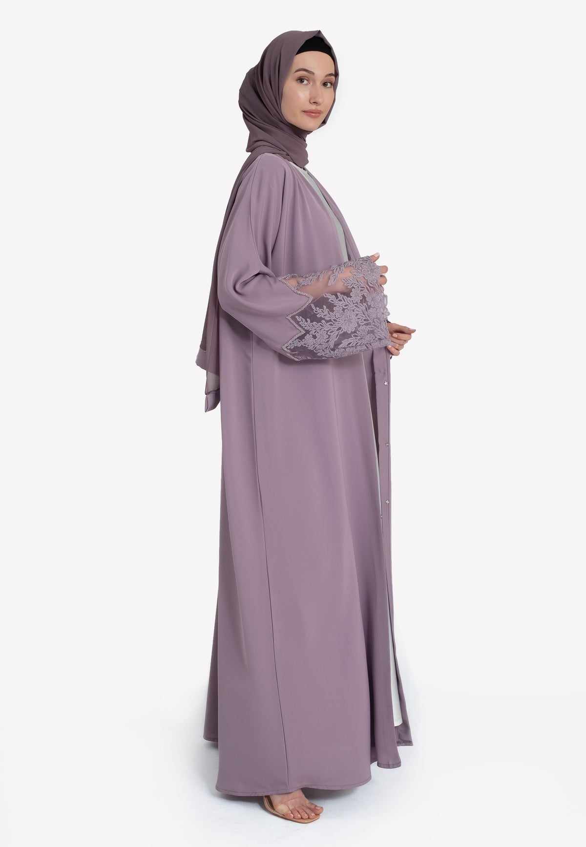 Lilac Floral Lace Open Abaya