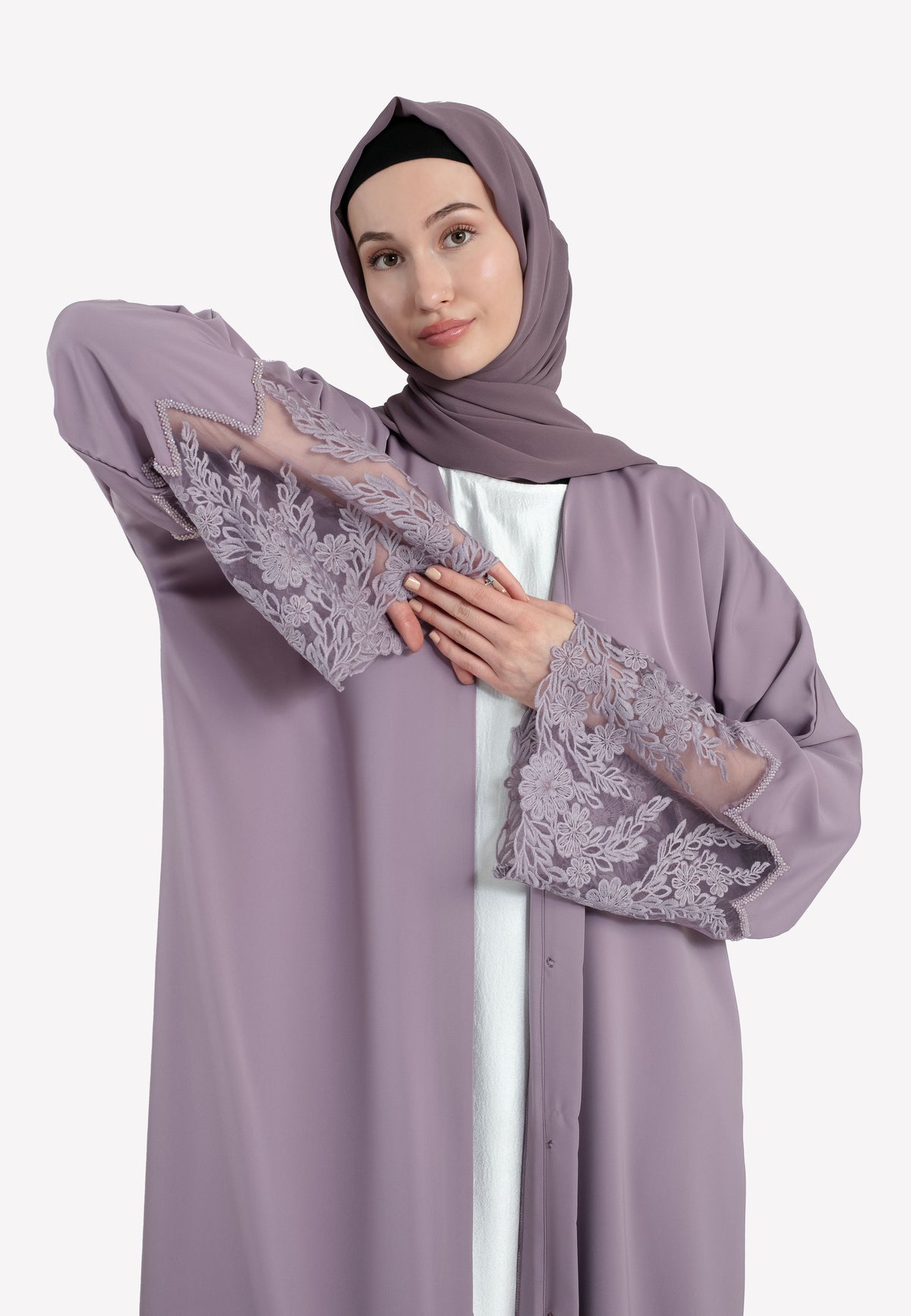 Lilac Floral Lace Open Abaya - Details