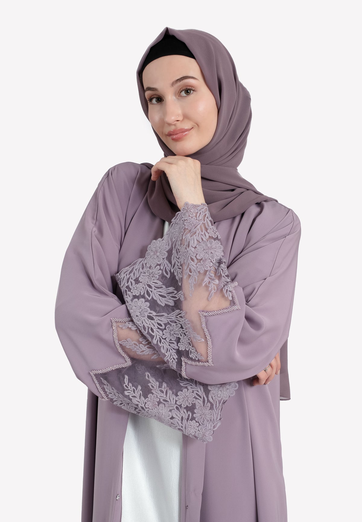 Lilac Floral Lace Open Abaya - Details