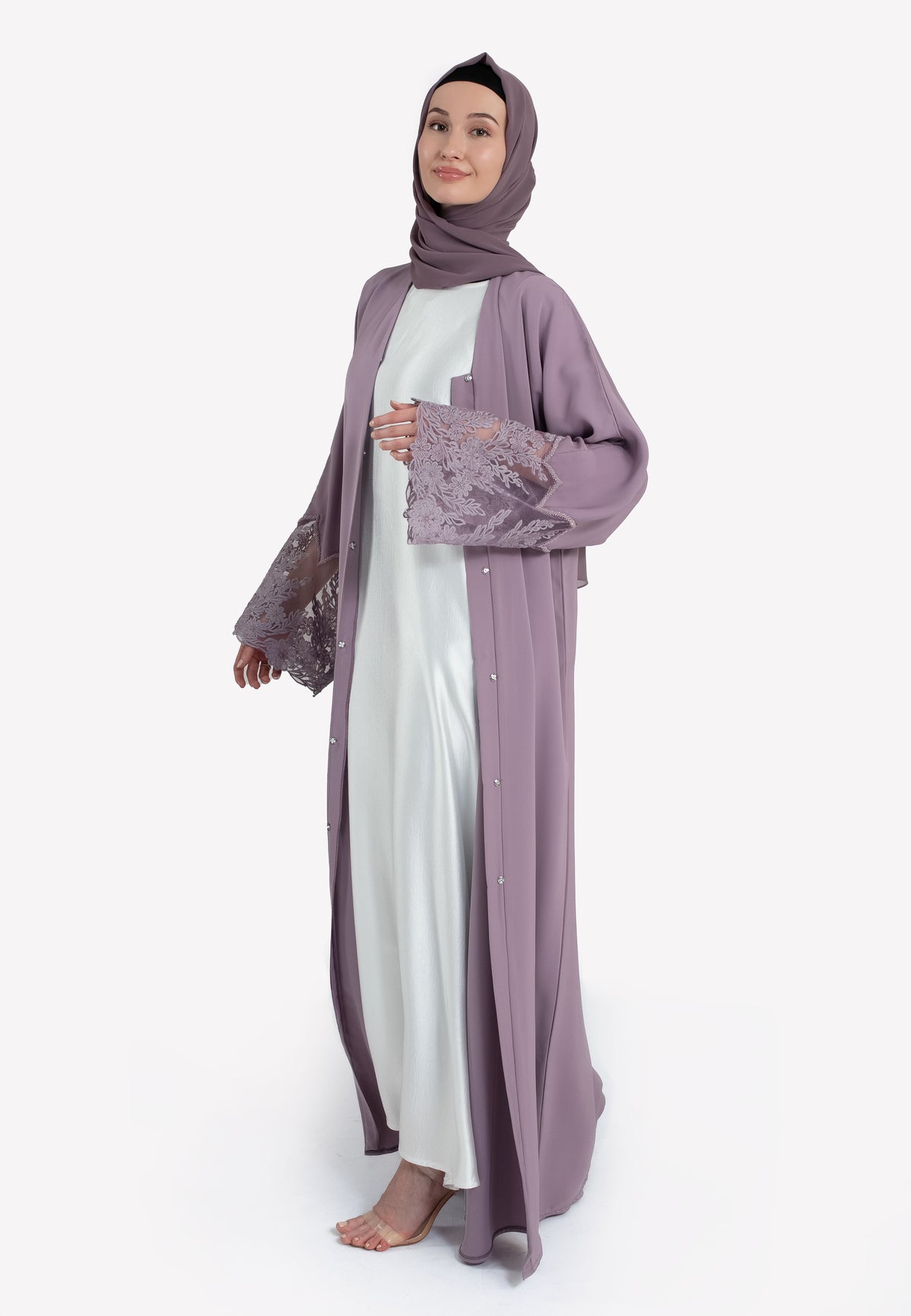 Lilac Floral Lace Open Abaya