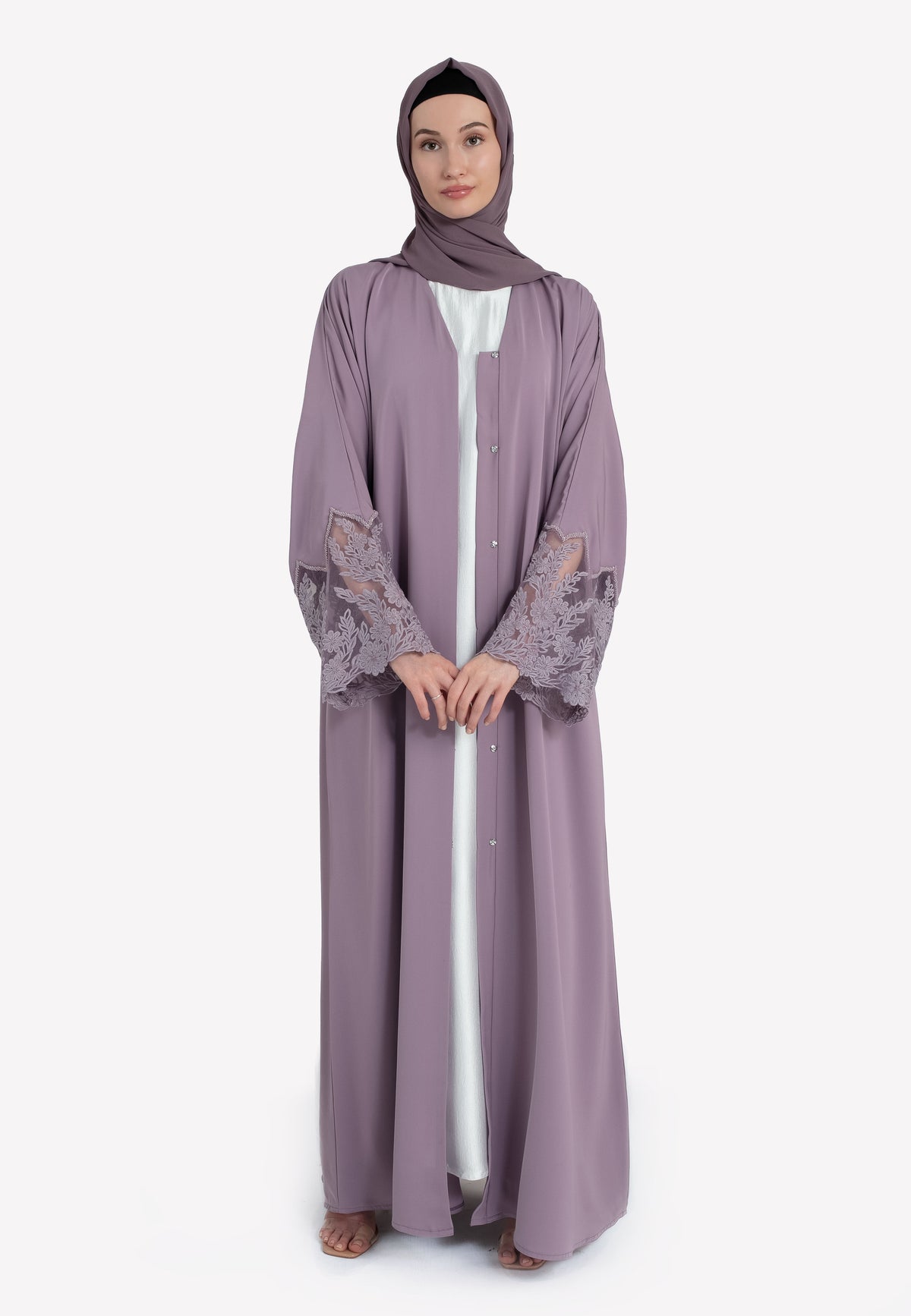 Lilac Floral Lace Open Abaya