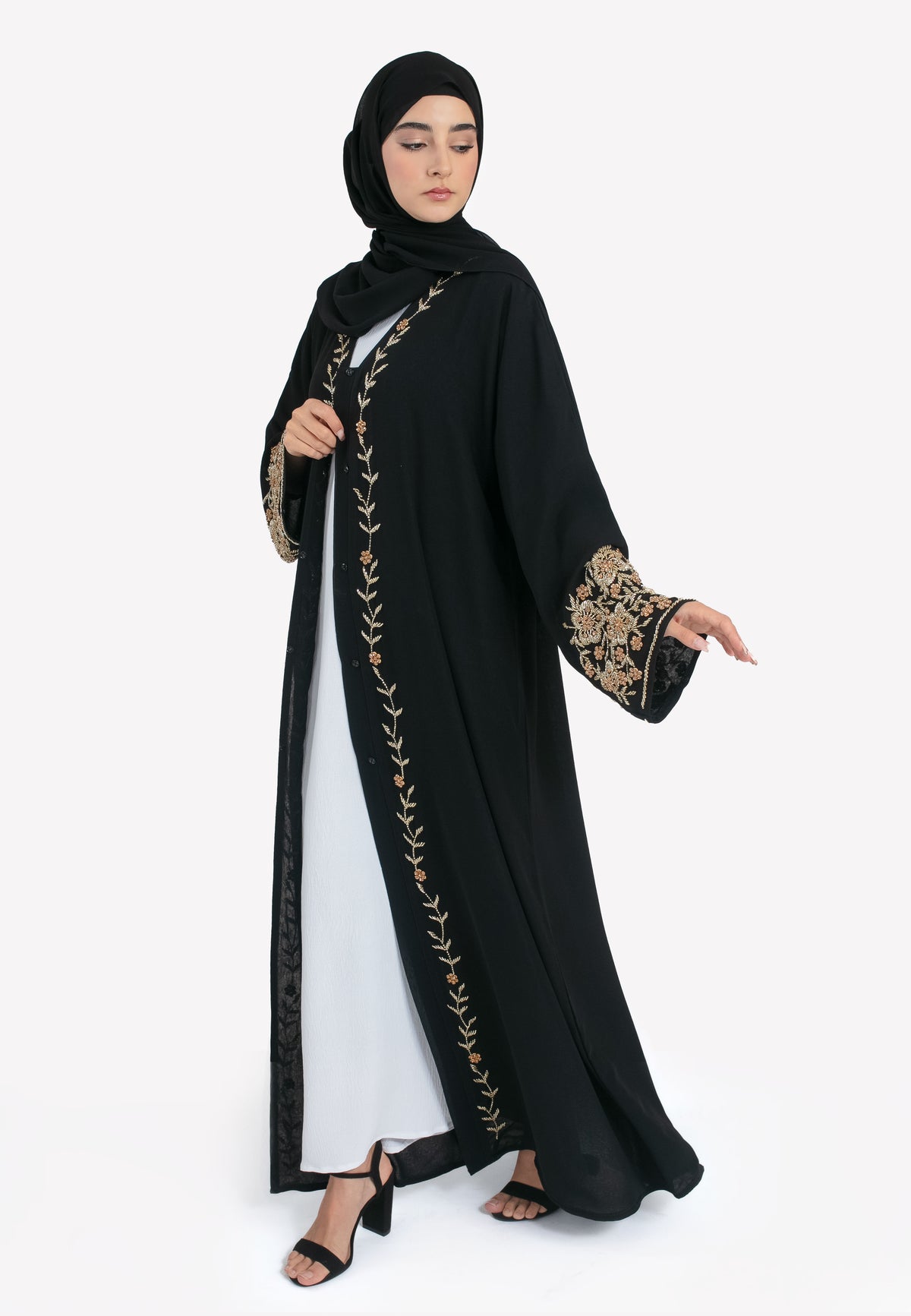 Black & Gold Chiffon Abaya - Front