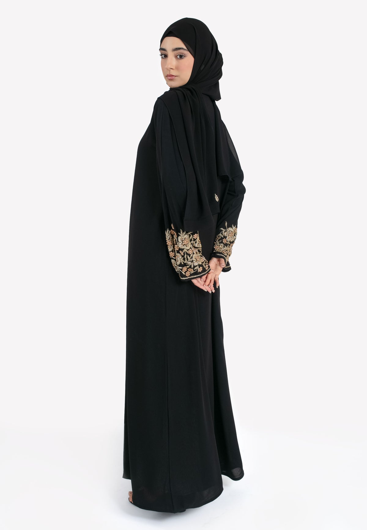 Black & Gold Chiffon Abaya - Back
