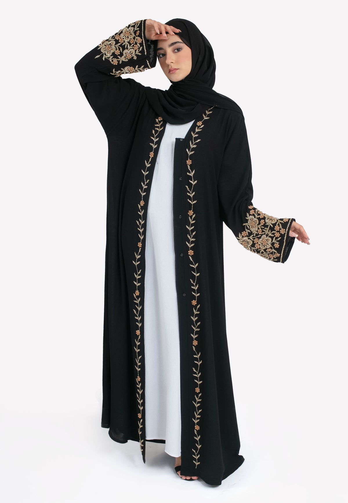Black & Gold Chiffon Abaya - Front