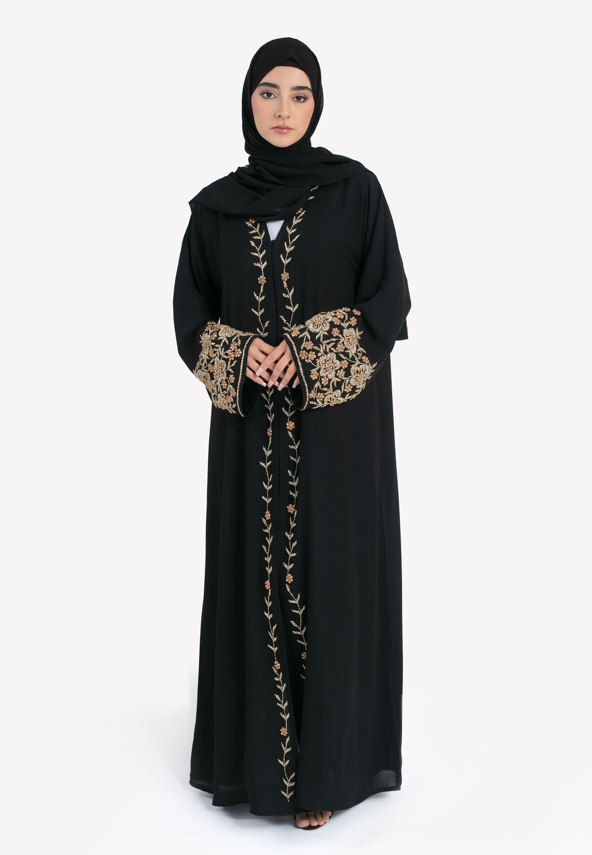 Black & Gold Chiffon Abaya - Front Closed